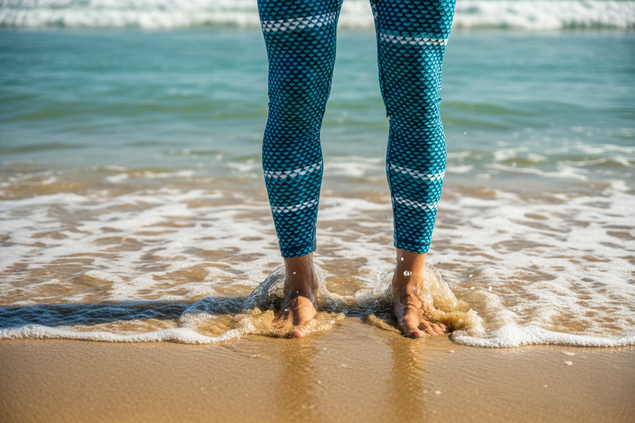 just the legs and sand and waves